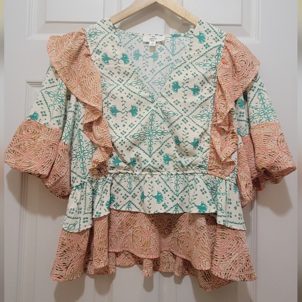 Entro Pink and Cream Ruffle Blouse